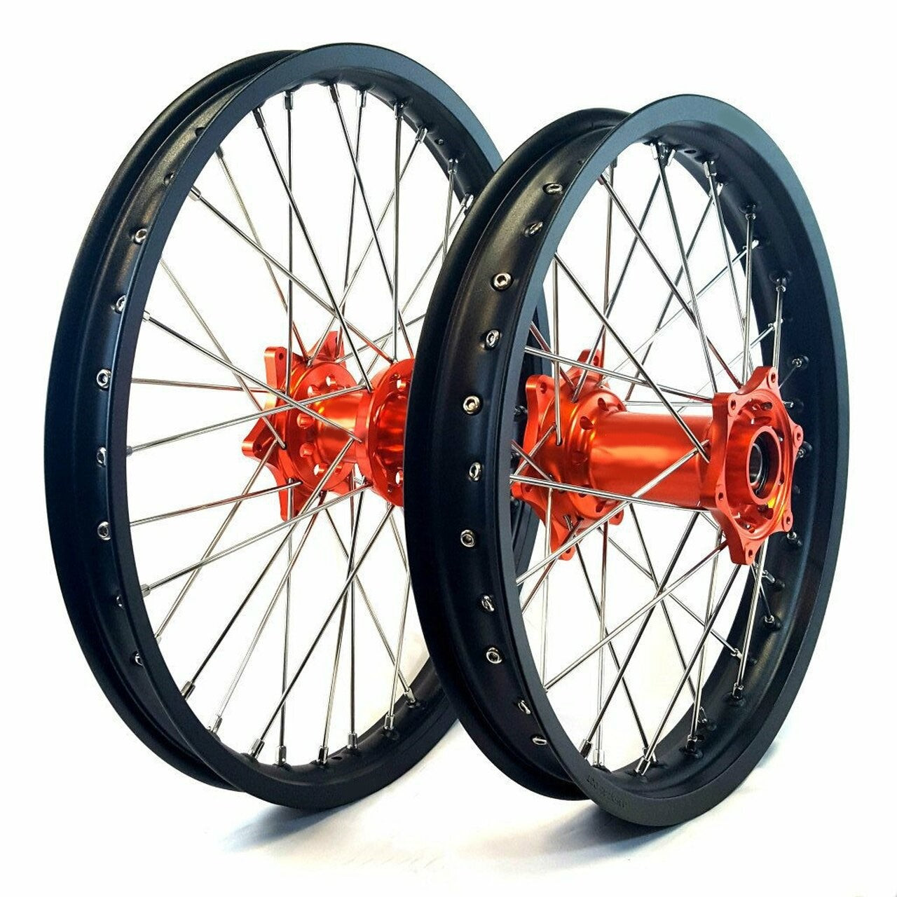 Wheel Set 1.6x21 + 2.15x18 Orange Hub Silver Spoke - RC-WHEEL-SET-ORG