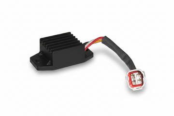 A black rectangular electronic power module with a ribbed heat sink and a black cable leading to a red and white multi-pin connector, shown on a plain white background.
